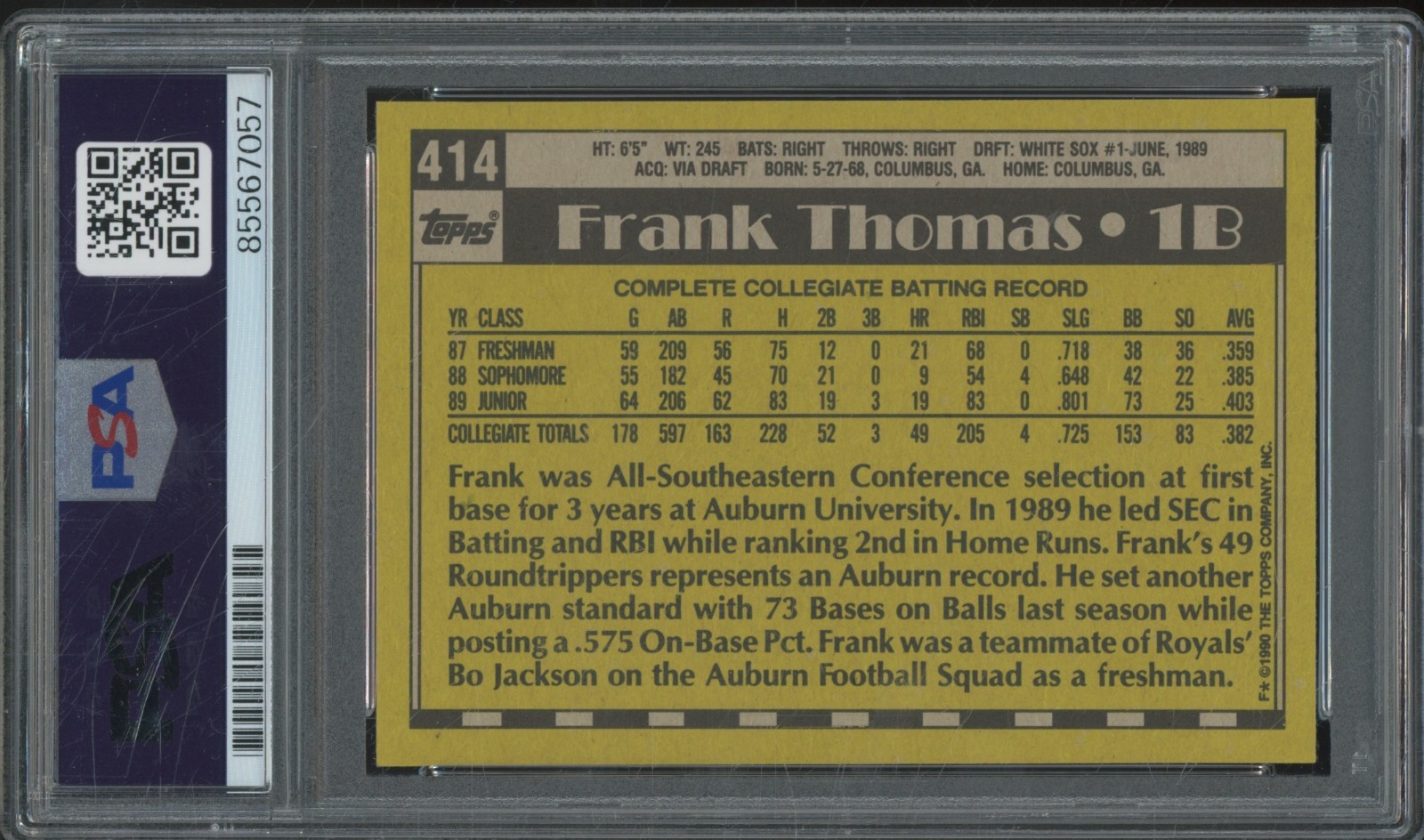 1990 Topps #414 Frank Thomas Autograph RC Rookie Gem Mint PSA DNA 10 Auto view 2