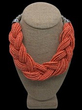 Orange Braided Multistrand Seed Bead Necklace Choker Tribal Boho Silver Toned 20