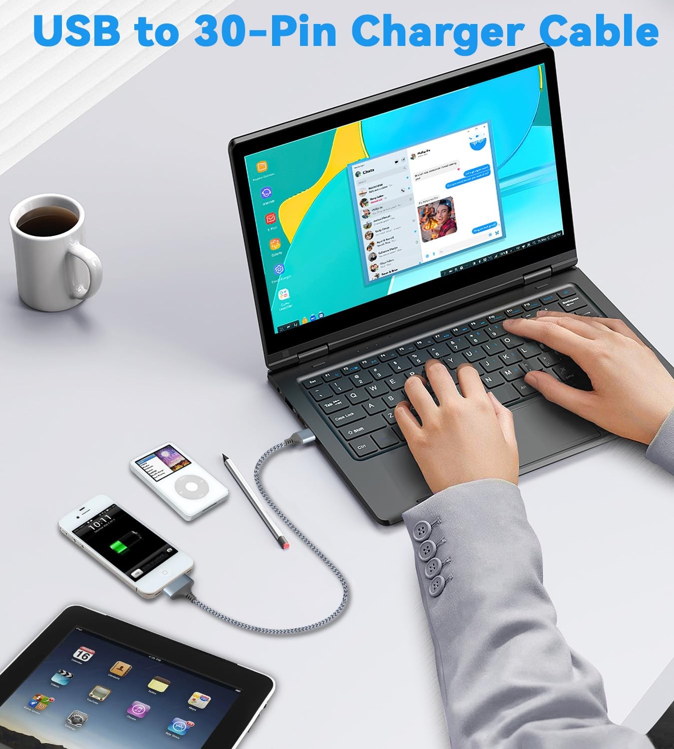 USB to 30 Pin Charger Cable Nylon Braided USB Charging Cord Compatible with iPho