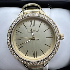 Caravelle by Bulova Ld's Watch, AustrianCrystals, Metallic Gold Leather Strap