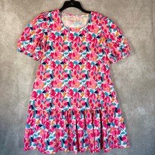 Southern Stitch Dress Women Medium Pink Floral Puff Sleeve Tiered Ruffle Mini