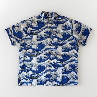 Yiume Shirt XL Blue Great Wave Cotton Short Sleeve Button Up Hawaiian Art
