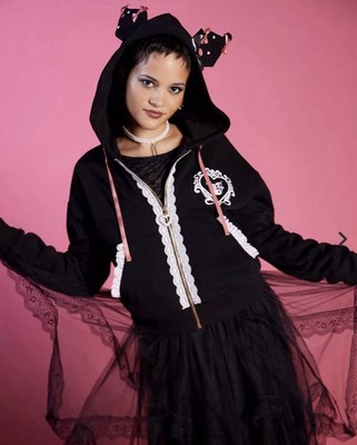 Hot Topic Sanrio Kuromi Lace Ribbon Cropped Hoodie With Pearl