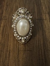 Vintage Silver Tone Filigree Faux Pearl Statement Ring Size 6