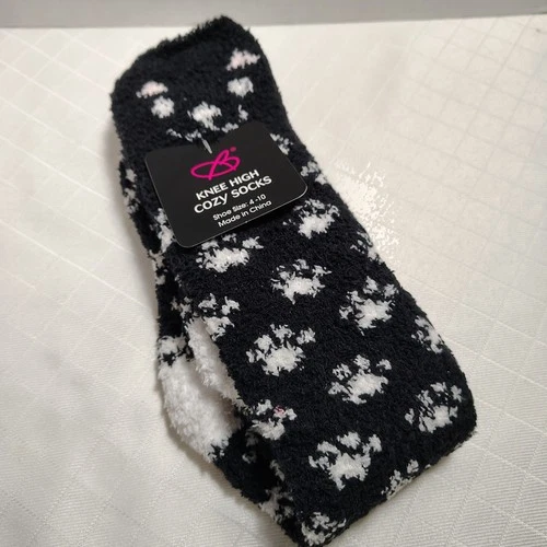 Bobbie Brooks Cat Cozy Socks Paw Print Black Shoe Size 4-10 Knee High Lounge
