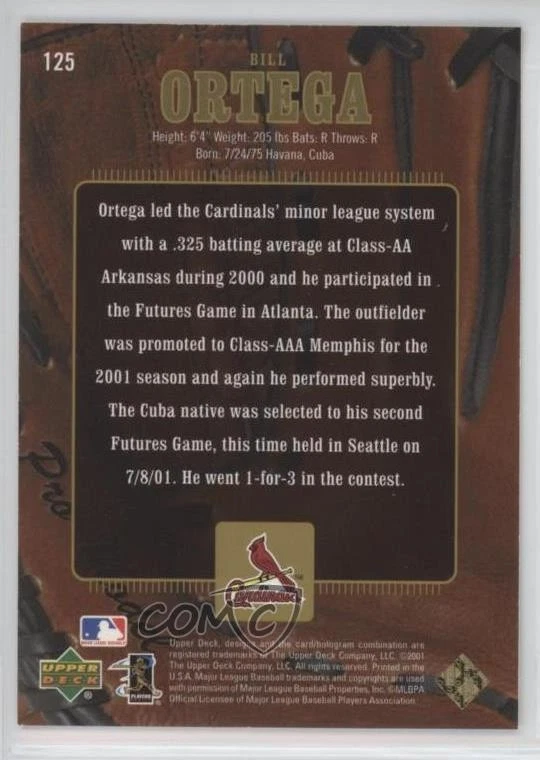 2001 Upper Deck Gold Glove Golden Debuts Limited /100 Bill Ortega #125 Rookie RC - Image 2 of 2