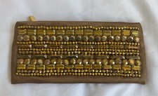 Tory Burch Silk Beaded Gold Clutch Bag Embellished Zip Closure