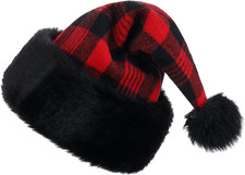 Black Plush Christmas Santa Hat,Personalized Unisex Red and Black Buffalo Plaid