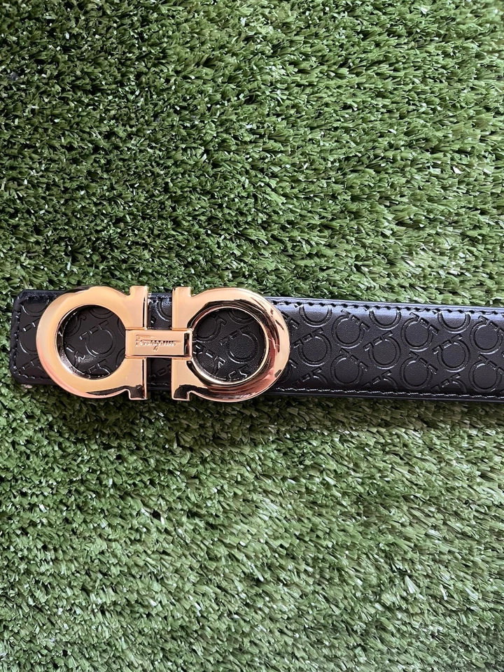 Salvatore Ferragamo 男式皮带金扣黑色皮革 46-50 码意大利制造 — 第 3/4 张图片