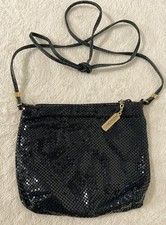 Vintage Whiting and Davis Black Metal Mesh Purse Leather Strap Gold Hardware