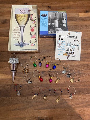 Wine Lot- 25 Glass Charms, Christmas, Cowboy, 4th of July, Stopper, Coasters