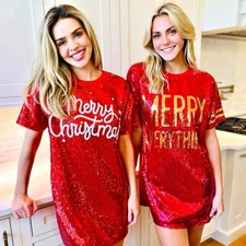 Simply Southern Christmas Dress Womens L/XL Christmas Party Sequined Dress Shirt