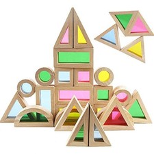 Wood Building Blocks Set for Kids 24 Pcs Rainbow Stacker Stacking Game Constr...