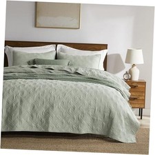 100 Cotton Queen Size Quilt Set - Green Pre-Washed Full/Queen 90"x96" Sage