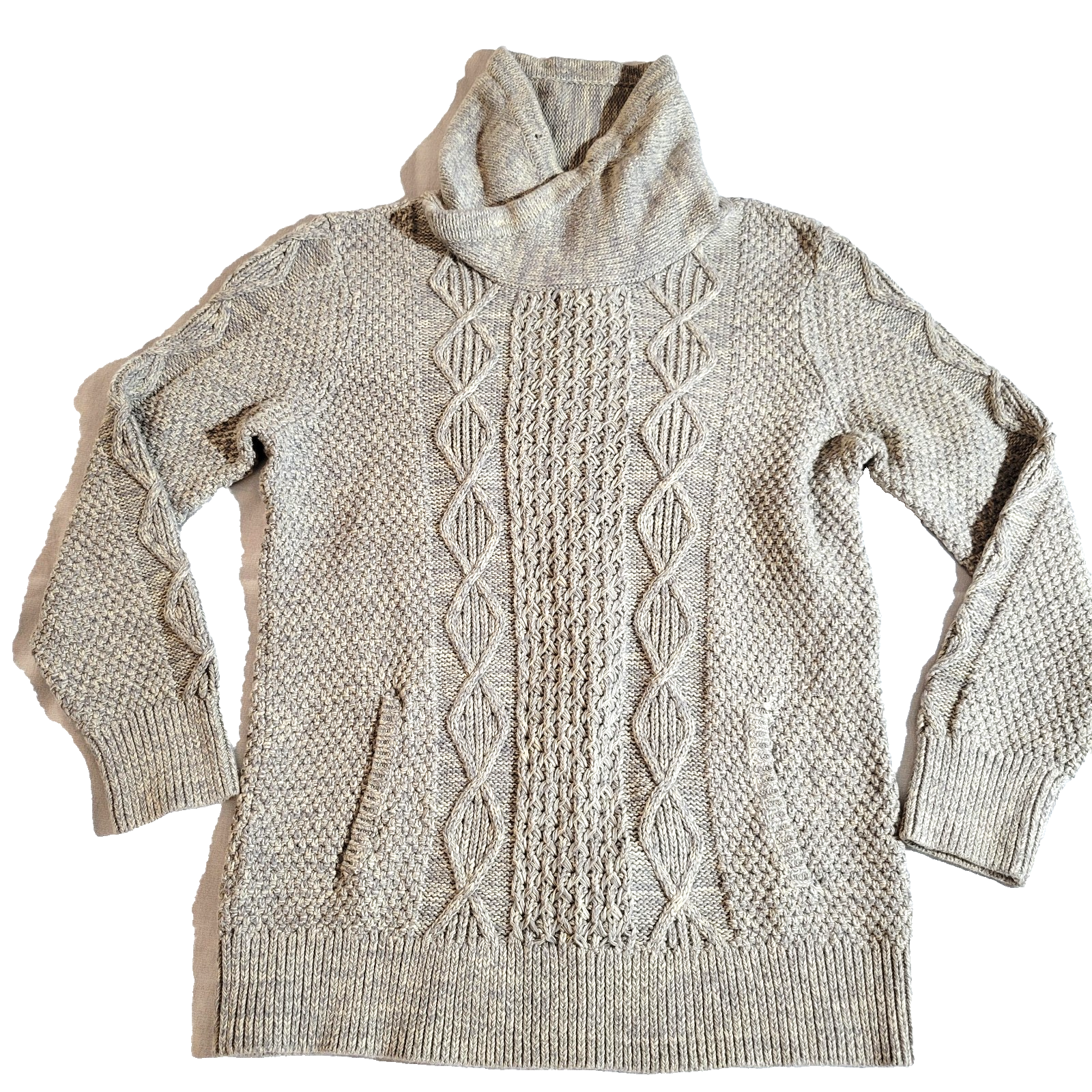 L.L. Bean Signature Women's Medium Gray Cable Knit Funnel Neck Sweater Cotton
