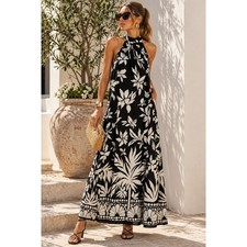 Vince Camuto Palm Challis Maxi Dress Black White Floral Halter Rayon NWT L
