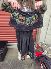 Mexican Embroidered Dress Womens Small Black Floral Boho Oaxaca Style