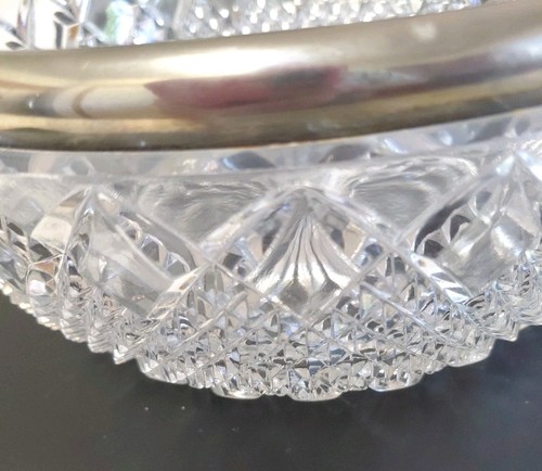 Vintage Cut Glass Bowl Silver-Plate Rim 8" X 3.75" Diamond Design 4 Lb 4 Oz - Picture 5 of 5