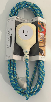 360 Electrical 360480 Habitat 12FT Braided Extension Cord w/ 3.4A Dual USB-Mint