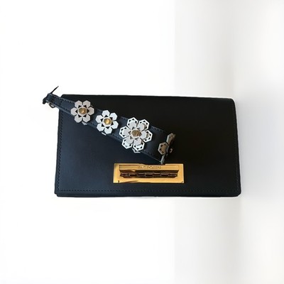 ZAC Zac Posen Earthette Black Leather Floral Clutch Crossbody