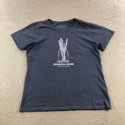life is good t shirt womens L blue essential work art paint brush