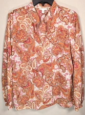 Charter Club Orange Paisley 3/4 Sleeve Blouse Size 14 Pleated Pintuck
