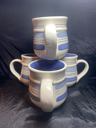 4-Pfaltzgraff "RIO" White & Blue Stripes 12oz Coffee Mugs NEW in Original Box