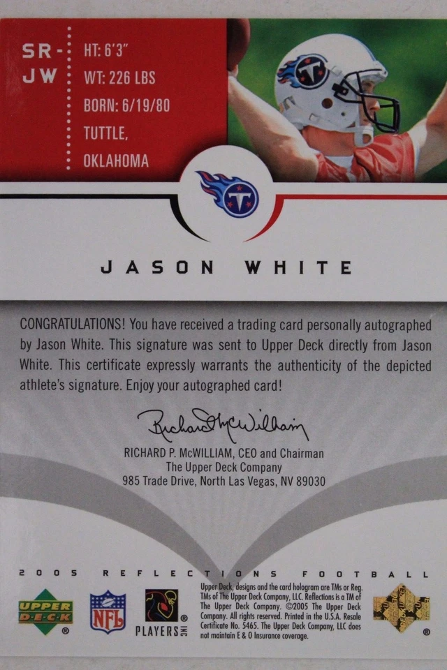 Jason White Titans Oklahoma Autographed Upper Deck #SR-JW Football Card 17E - Image 2 of 3