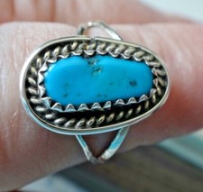 size 8 Sterling Silver 11x5mm oval Blue Turquoise on 2mm wide band Ring