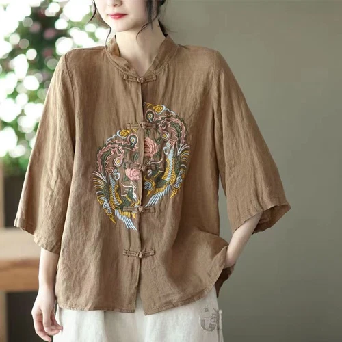 Chinese style cotton linen shirt embroidered top women's stand up collar party- - Bild 10 von 22