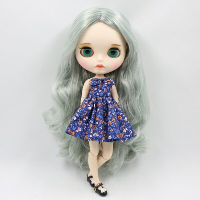 12'' Factory blythe Doll Grey mix Green Long hair carved lips matte face eyebrows
