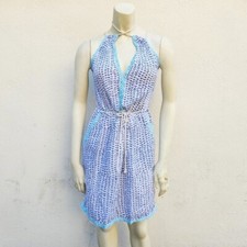 Roller Rabbit Women's Cotton Halter Mini Dress Tie Waist Blue White Size XXS