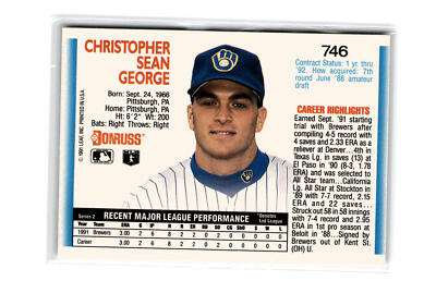 Chris George Baseball #746 1992 Donruss Milwaukee Brewers | eBay