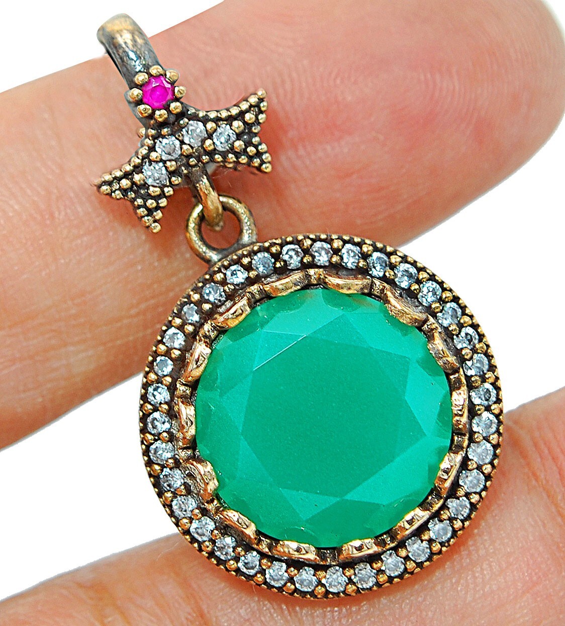 Ottoman Empire Style 12CT Treated Emerald 925 Sterling Silver Pendant TC5