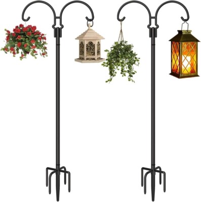 Outdoor Double Shepherds Hook with 5 Prong Base,92'' Adjustable Heavy Duty 2 Pack