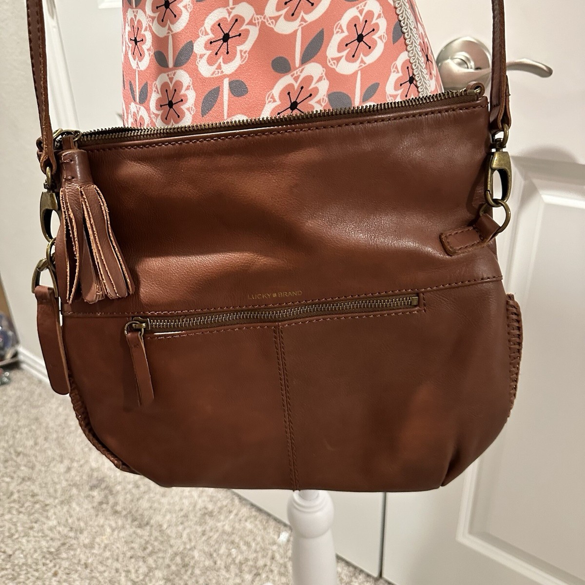 Lucky Brand Genuine Leather Shoulder Bag Purse Brown Braided