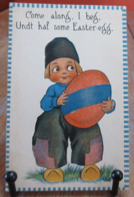 1913 WALL Signed Artwork EASTER Post Card DUTCH BOY WITH EASTER EGG Come Along