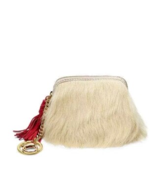 NWT UGG WOMENS FURRY NATURAL LAMB SMALL COIN POUCH WALLET KEY FOB RETAIL  $65