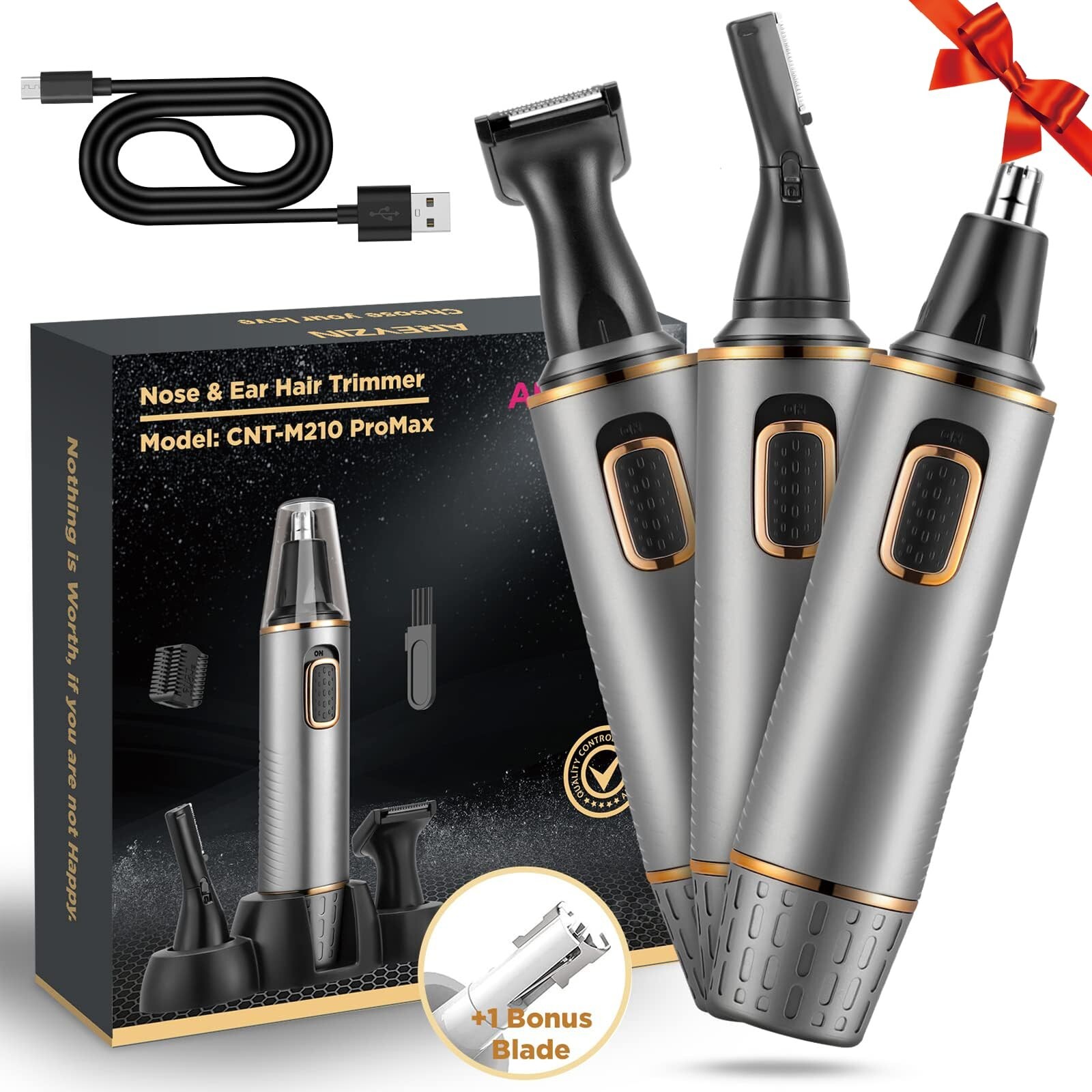 Rechargeable 3-in-1 Nose Ear Beard Trimmer for Painless Wet & Dry Use with Dual Blades