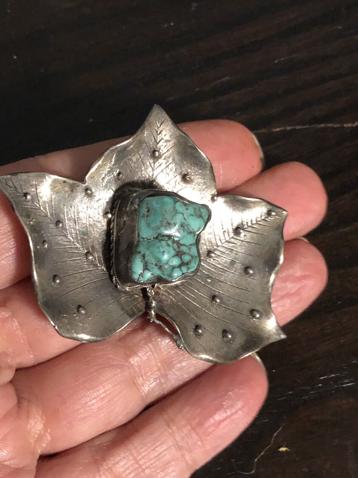 VINTAGE Detailed STERLING SILVER  TURQUOISE Maple… - image 8