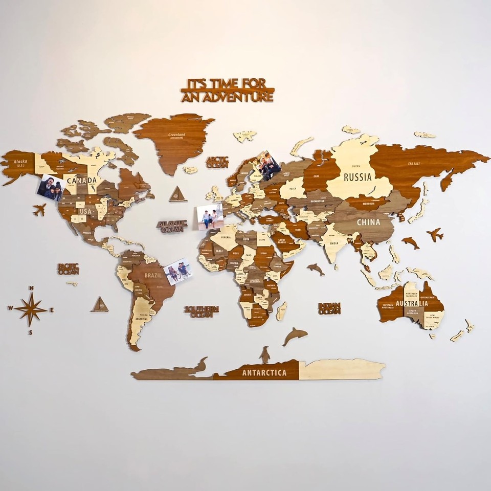 Multilayered 3D Wooden World Map Wall Décor Educational Activity for