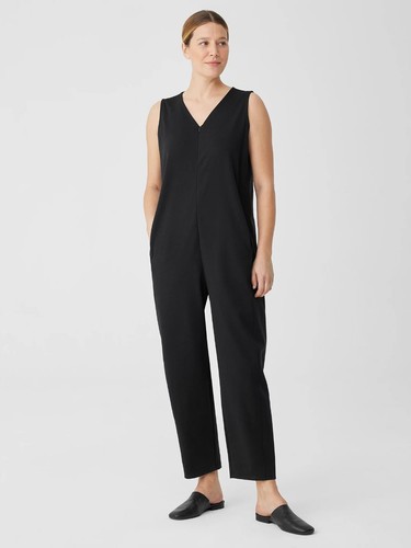 S - Eileen Fisher Black Sleeveless Zip Front Ponte Lantern Jumpsuit 0802SS - Imagen 2 de 4