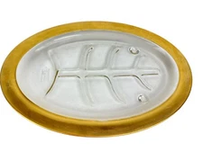 Vintage Glasbake 1990 Oval Glass Meat Platter w/ Drippings Well Gold Trim