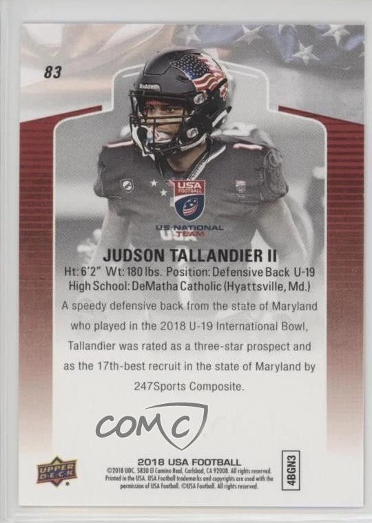 2018 Upper Deck USA Football Blue Border Judson Tallandier II #83 - Image 2 of 2