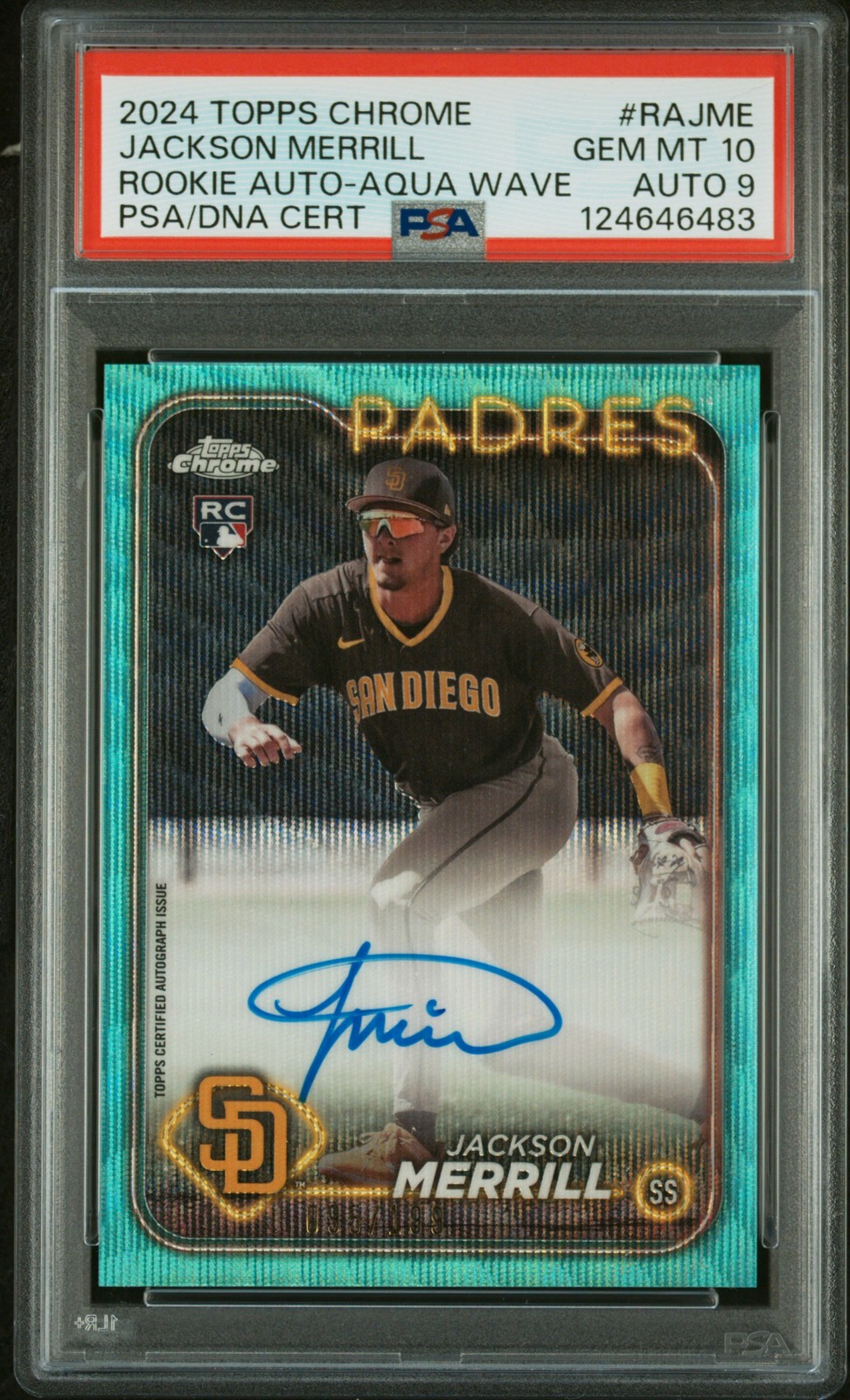 2024 TOPPS CHROME RC AUTOS AQUA WAVE #RAJME JACKSON MERRILL 95/199 PSA 10 AUTO 9