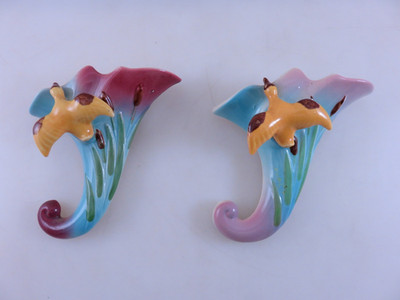 OPCO Duck Cattails Ceramic Wall Pocket Cornucopia Vase Set Pat. 149144 Vintage