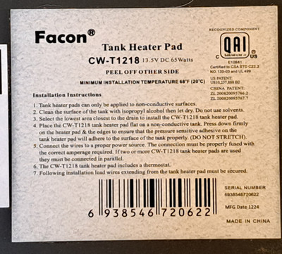 FACON 12'' x 18'' RV HOLDING TANK HEATER PAD 12VOLTS DC USE WITH UP TO 50 GALLONS