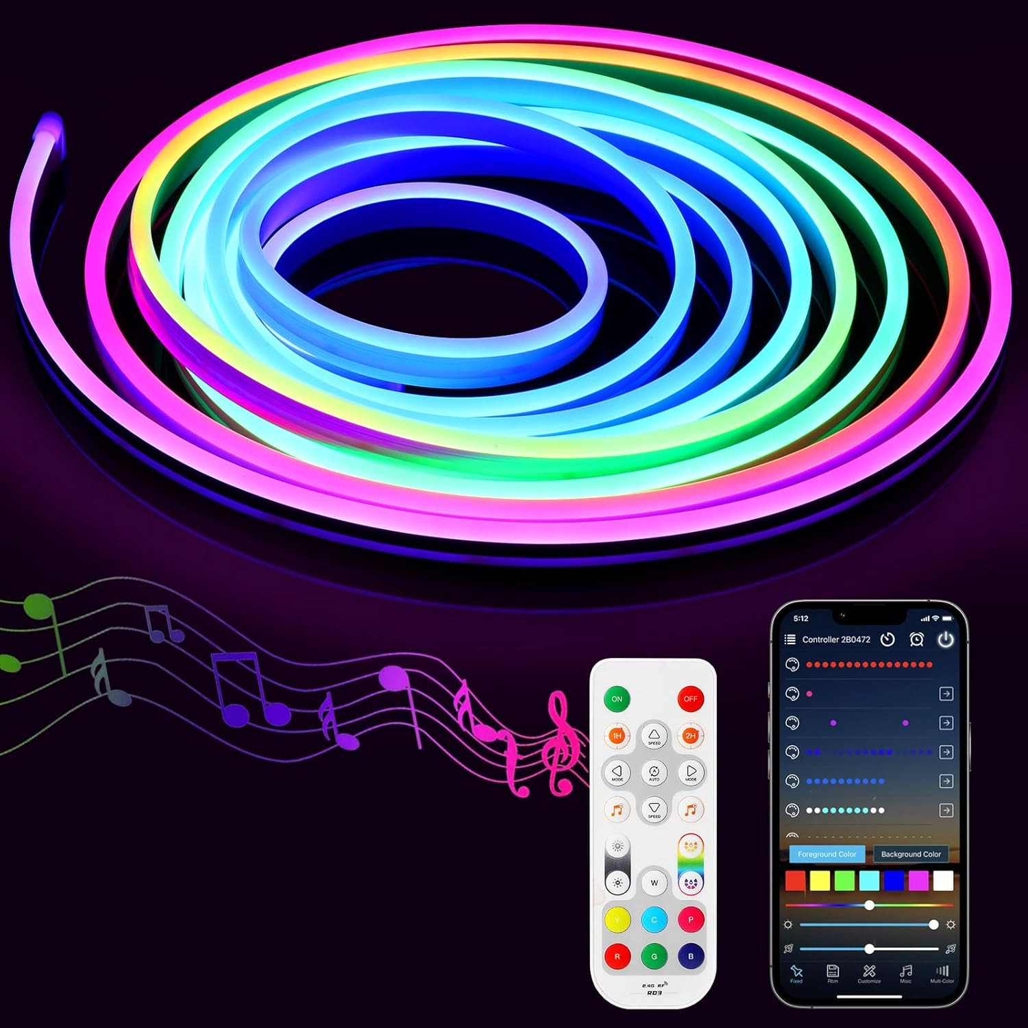 Striscia Neon LED RGB+IC 3m Design Moderno | Luce d'Atmosfera Smart