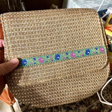 Vintage Woven Straw Crossbody Purse with Floral Trim Bag ,Faux Leather Strip