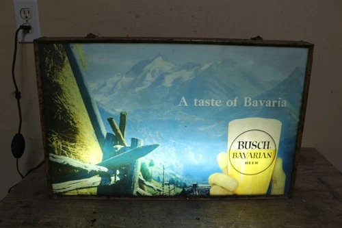 Vintage 1950's Busch Bavarian Beer Mountains Snow 20" Lighted Metal Sign WORKS